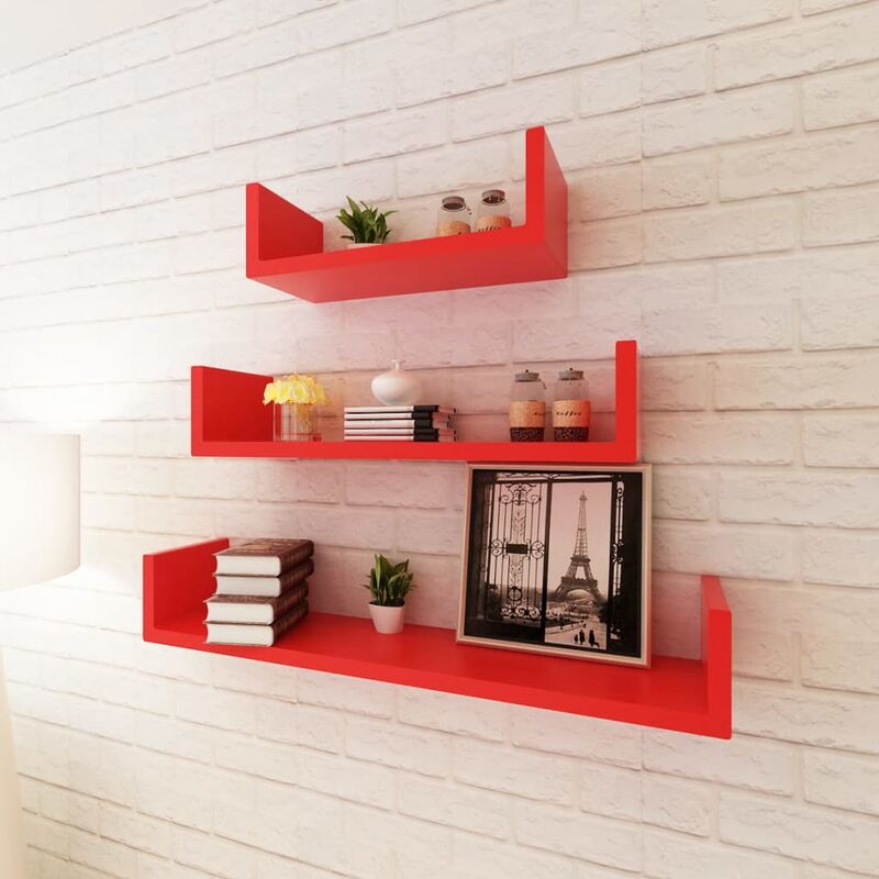 

Youthup - 3 estantes exhibidores flotantes de pared en forma U tablero DM rojo - Rojo