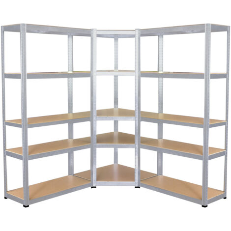 Oxeo – Lot de 3 étagères XXL d'angle garage – Hauteur 220 cm – Charge maximale 1325 kg – 5 niveaux en acier galvanisé et MDF – Montage sans vis