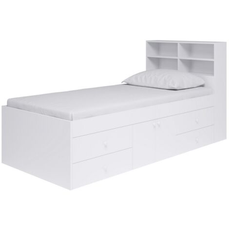 3 Feet Captain’s Cabin Single Bed with Bookcase Headboard - L214 x W96 x H100 cm - White - Assembly Required