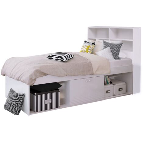 3 Feet Low Cabin Bed with Bookcase Headboard - L214 x W96 x H100 cm - White - Assembly Required