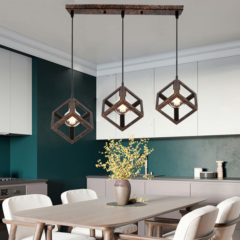 Image of 3 Fili Lampadario Vintage, Creativo Lampada da Soffitto, Industriale Stile Illuminazione con Cubo Geometria Gabbia E27 per Cucina Sala da Pranzo