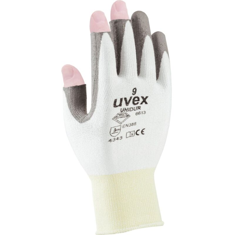 uvex 3 Finger Gloves, Cut Resistant, PU Coated, Size 9 - White Grey