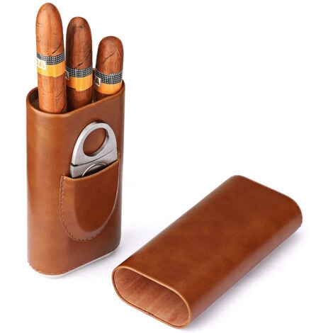 DEVENIRRICHE 3 Finger Leather Cigar Case, Cedarwood Lined Cigar Humidor with Silver, Brown Stainless Steel Cigar Scissors