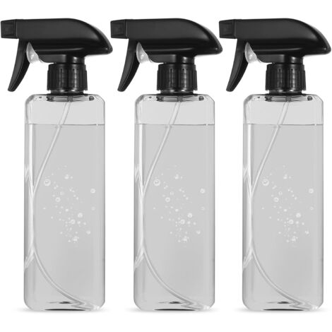 3 Flacons pulvérisateur, Plastique, 500 ml, Buse fine, Étanche, Noir transparent, Jardinage, Coiffure, Ménage