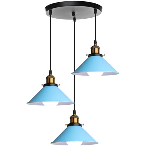 3 flammige Pendelleuchte Vintage Industrial Metall Hängelampe E27 Höhenverstellbar für Esszimmer Küche Restaurant Cafét Bars - Runde Basis (Blau)