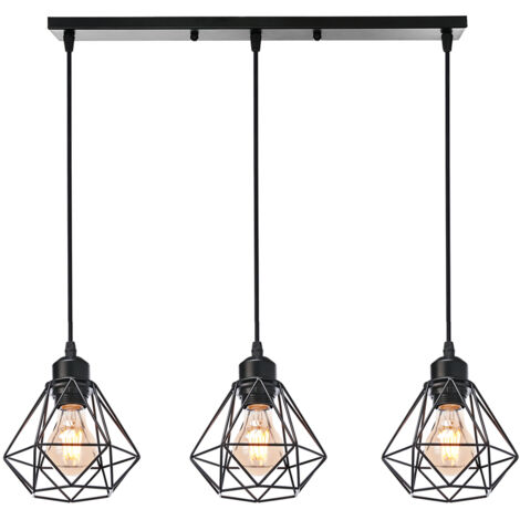 3 Focos Lámparas de Techo Industrial Vintage Altura Ajustable Lámpara de Suspensión E27 Metal Hierro para Pasillo Salón Dormitorio (Negro)