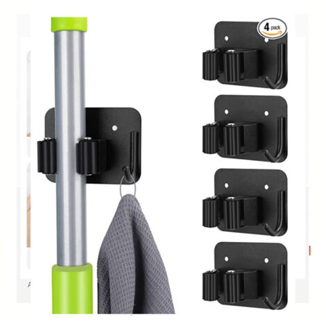3-H 4pcs Porte-Balais Mural sans Percer ou Fixation avec Vis, Auto-Adhésif Accroche Balai Mural en Acier Inox, Support Balais Mural avec Crochet pour Cuisine, Salle de Bain, Garage, Jardin, Noir