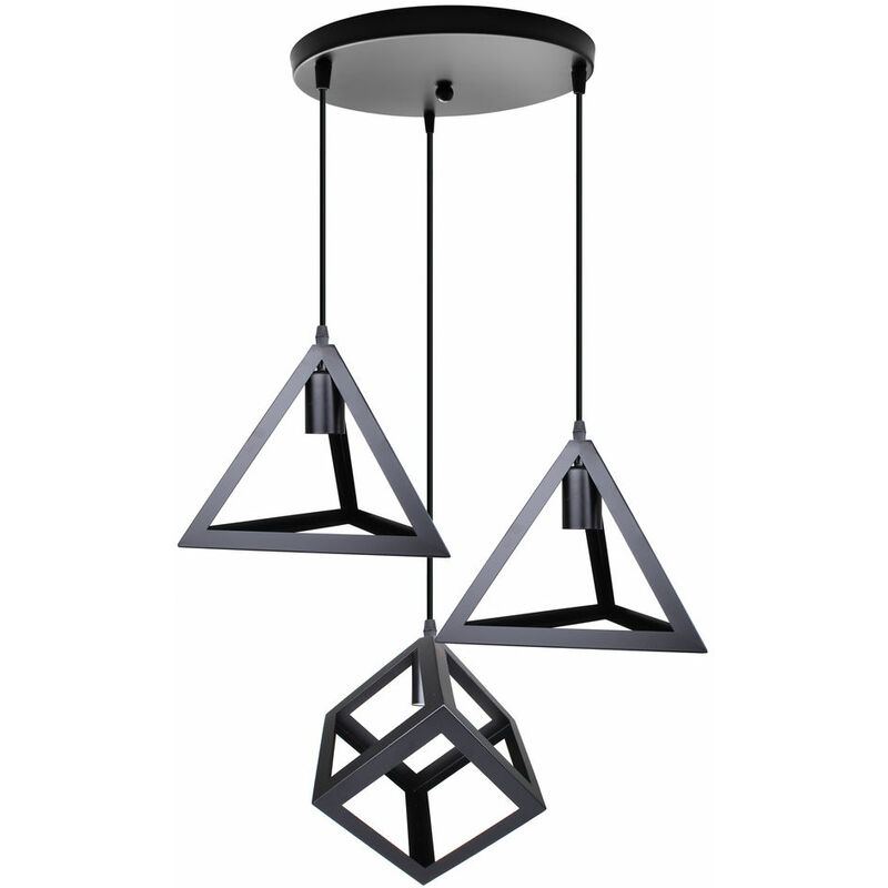 3 Heads Vintage Industrial Hanging Light Creative Geometric Shape Pendant Light Height Adjustable Ceiling Lamp Black for Kitchen Farmhouse Hallway