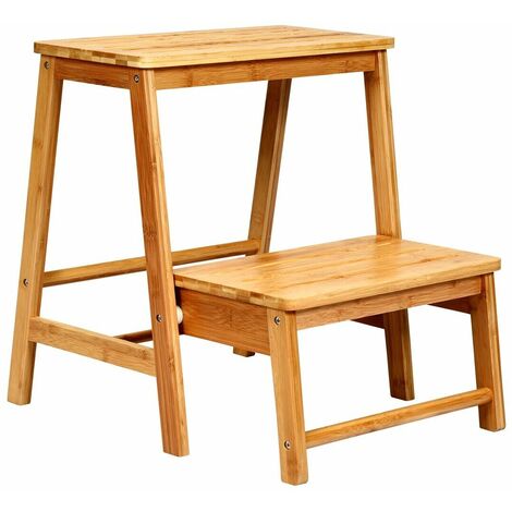 3 IN 1 2-Step Folding Step Ladder Bamboo Step Stool Portable Ladder Display Rack