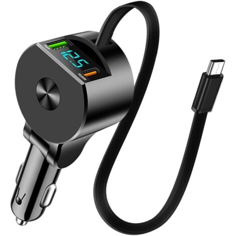 3-in-1-Autoladegerät mit Ausziehfunktion, 75 W USB-C-Schnellladegerät fürs Auto, 1 ausziehbares Kabel und PD 30 W & QC3.0, Spannungsadapter mit ausziehbarem Kabel für Tablet, Telefon, GPS