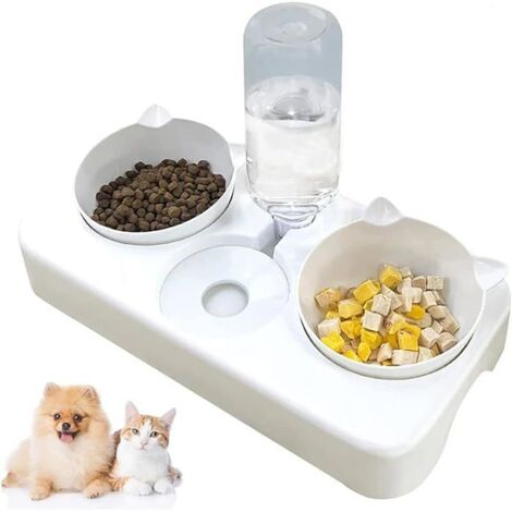 3-in-1 Automatic Water Dispenser Cat Bowl, Anti-Spill Pet Food Dish in White