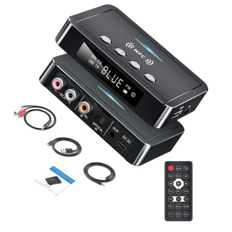 3-in-1 Bluetooth-Adapter NFC BT5.0  FM-Sender/Empfänger mit geringer Latenz  Kompatibel mit USB, TF, AUX, RCA, optisch und koaxial  LED-Fernbedienung  Für Auto, Fernseher, PC und Hi-Fi