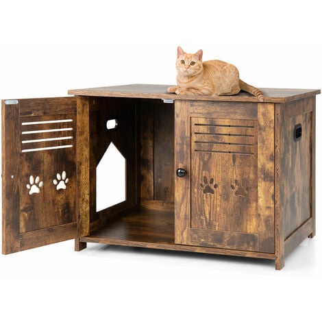 3-in-1 Cat Litter Box Enclosure Side Entrance Cat House End Table Double Doors