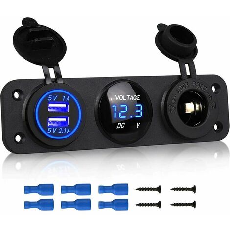 3 in 1 Charger Socket Panel, 12V Dual USB Car Socket Charger Socket Power Socket & LED Digital Voltmeter & Cigarette Lighter Splitter Adapter - Blue