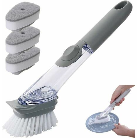 3 In 1 Cleaning Brush With Detergent Dispenser Cleaning Brush, With 3 Cleaning Sponges And A Spare Jar And A Dish Brush (Gray)