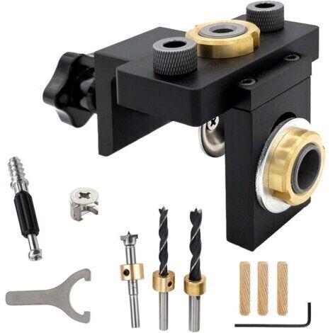 3-in-1 drilling jig, adjustable drilling jig for dowels, drilling guide with wooden punch for wood doweling