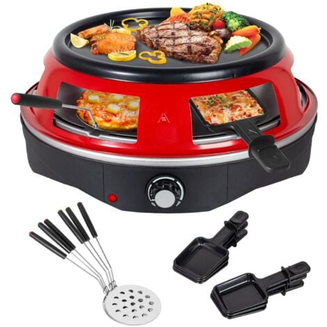 TODECO 3-in-1 Elektrischer Pizzaofen, 1200 Watt, Pizzabackofen für 6 Personen mit 6 Pizzaschaufeln, 6 Käsepfanne, Grillplatte, für Mini-Pizza in Ø 10cm, Grillen und Pfannkuchen, Rot