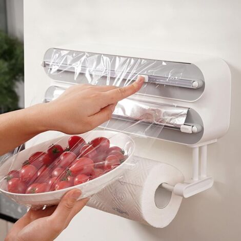 3-in-1 Folienschneider mit Rollenhalter, magnetischer Folienspender für Kunststofffolien, Lebensmittelfolienspender mit Cutter