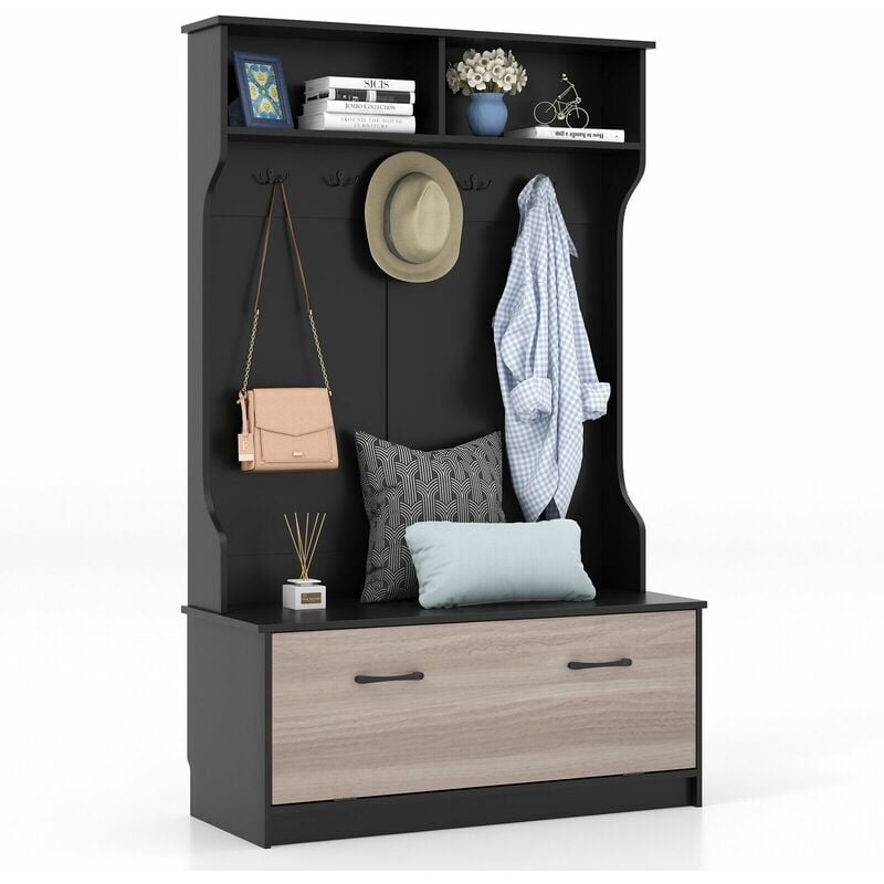 Costway - 3-in-1 Freestanding Hall Coat Rack Stand Shoe Bench with 5 Hooks and Cabinet