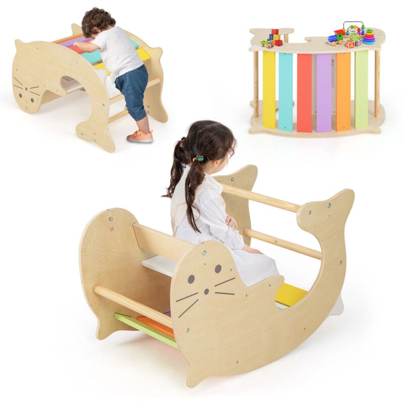 Costway - 3-in-1 Kids Climbing Toy Set Indoor Arch Climber Toddlers Wooden Rocking Horse