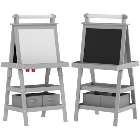 3 in 1 Kids Easel Double-Sided Magnetic Whiteboard and Chalkboard with Paper Roll, Storage Baskets - Grey