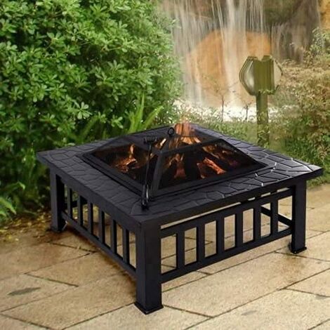 3 In 1 Large Black Square with BBQ Grill Garden Fire Pit Wood Burner Patio