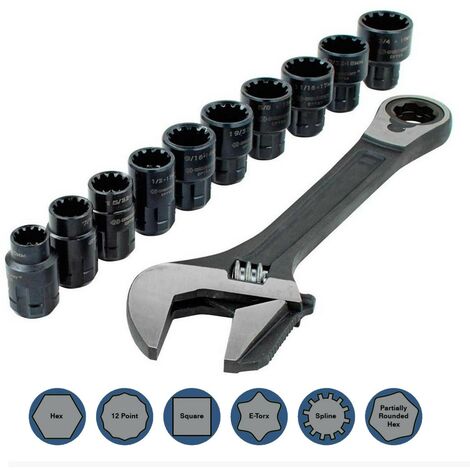 3 in 1 Pass Through Reversible Adjustable Wrench 11 Piece Set + Spline Sockets