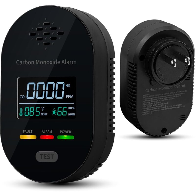 3-in-1 Portable Carbon Monoxide Detector - Temperature and Humidity Sensor - Clear LCD Display (Black)