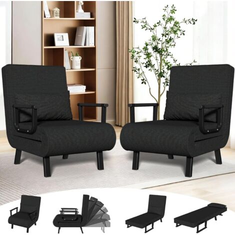 3 in 1 Schlafsessel klappbares Schlafsofa mit Bettfunktion 6-fach verstellbare Rückenlehne Metallgestell und Leinenbezug Gästebett für kleine Räume Wohnzimmer Büro Aufstellmaße 187 x 63 cm 2 schwarz