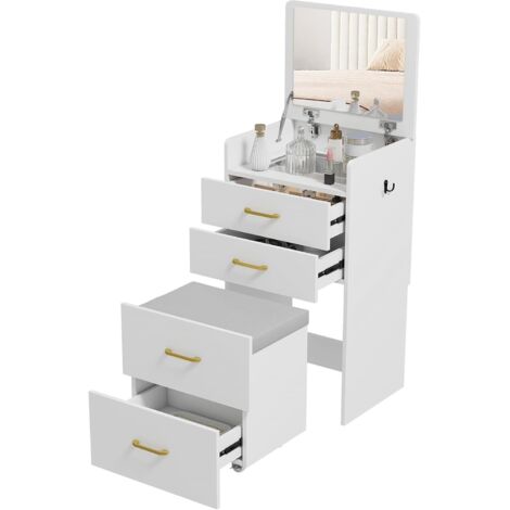 3-in-1-Schminktisch mit Spiegel, Nachttisch, Rollhocker, Schubladen, Weiß