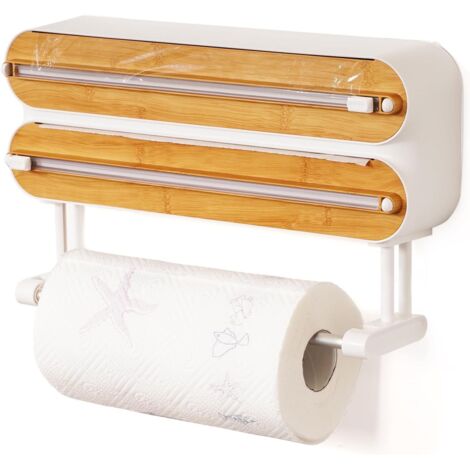 3-in-1-Spender für Frischhaltefolie mit Küchenpapierhalter, Spender für Frischhaltefolie, magnetischem Spender für Aluminiumfolie und -film mit Schneidevorrichtung (Bambus- und Holzoptik)