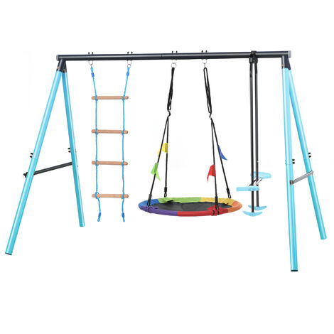 3 in 1 Swing Set with Climbing Ladder 3 Seats Outdoor Kids Play Frame, Metal Blue