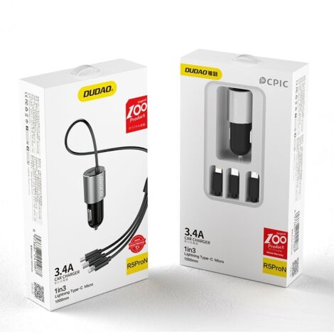 3-in-1-USB-Autoladegerät + integriertes Lightning USB-C-Micro-USB-Kabel, schwarz