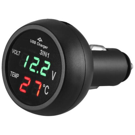 3-in-1 USB-Autoladegerät, wasserdichtes Auto-/Motorrad-Voltmeter mit LED-Licht/Ladegerät/Thermometer 12V-24V