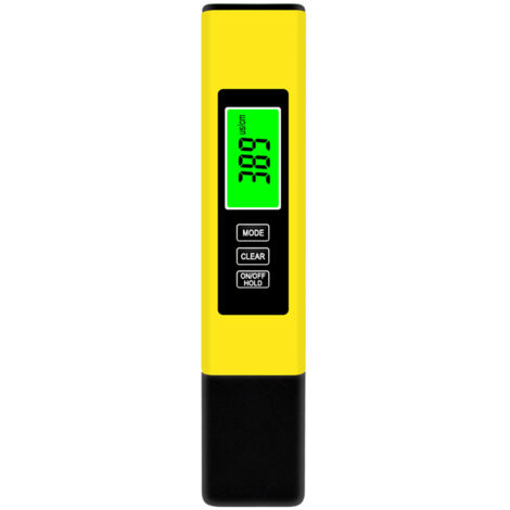 3-in-1 Wasserqualitätstester: Wasserqualitätsanalysator (TDS/EC/Temperatur), Datenhaltefunktion, hintergrundbeleuchtetes Display, gelb.