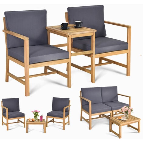 main image of "3 in 1 Wooden Companion Set Garden Bench Table & Chair Patio Love Seat W/Cushion"