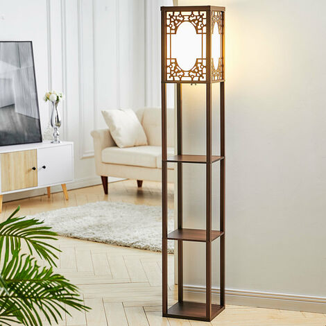 Floor Lamp 4 Tiered Shelfves Carving Design Storage Rack Living Room