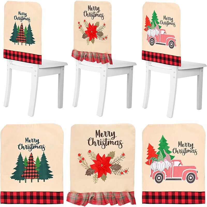 3 juegos de fundas navideñas para sillas de lino, adecuadas para sillas de restaurante con respaldo de camión rojo, árboles de Navidad, flores de