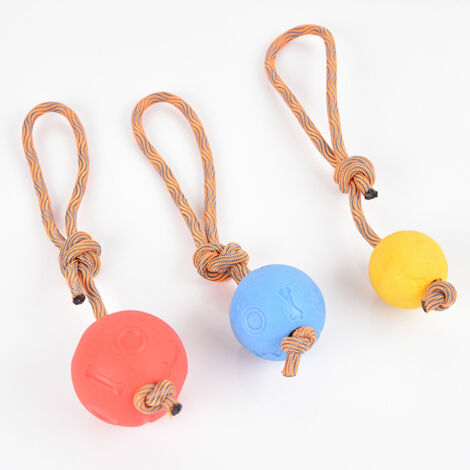 3 juguetes masticables de material TPR para mascotas, resistentes a las mordeduras, con nudo elástico, pelota de juguete para perros con cuerda (rojo grande + azul mediano + amarillo pequeño)