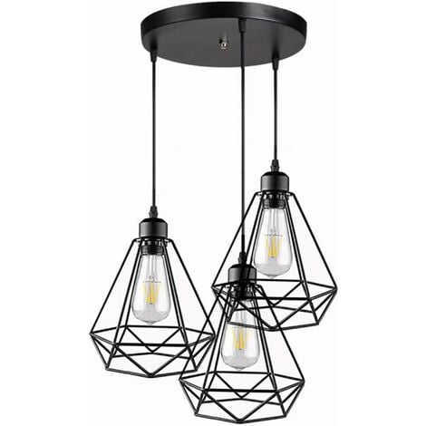 3 Lampade a sospensione industriali vintage Lampada a sospensione in metallo Lampada a sospensione in stile geometrico a gabbia E27 Lampada a sospensione vintage - Nero