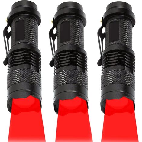 3 lampes de poche à lumière rouge avec clips, adaptées à la chasse, à l'observation astronomique, à la vision nocturne et à l'alpinisme