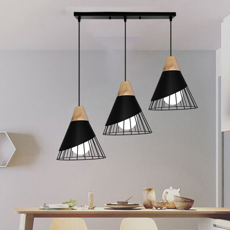 3 Lampes Industrielle Lustre Suspension Luminaire en Métal Bois E27 Plafonnier en Forme Badminton pour Salle à Manger Salon Chambre Noir