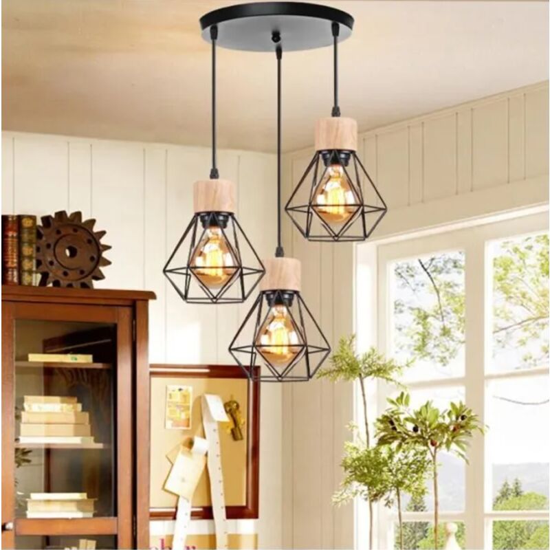 3 Lampes Lustre Suspension Industrielle Moderne Plafonnier avec Base Ronde Abat-jour en Forme Diamant Lampe de Plafond en Métal et Bois pour Salon