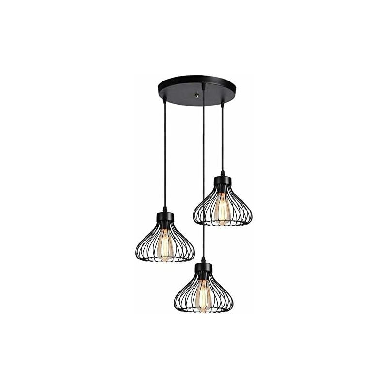 3 Lampes Lustre Suspension Luminaire Industrielle Plafonnier Abat-jour en Métal en Forme de Cage Vintage Lampe de Plafon pour Cuisine Salle à Manger