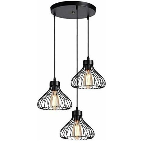 3 Lampes Lustre Suspension Luminaire Industrielle Plafonnier Abat-jour en Métal en Forme de Cage Vintage Lampe de Plafon pour Cuisine Salle à Manger Salon Chambre Couloir Restaurant - 23cm, Noir avec