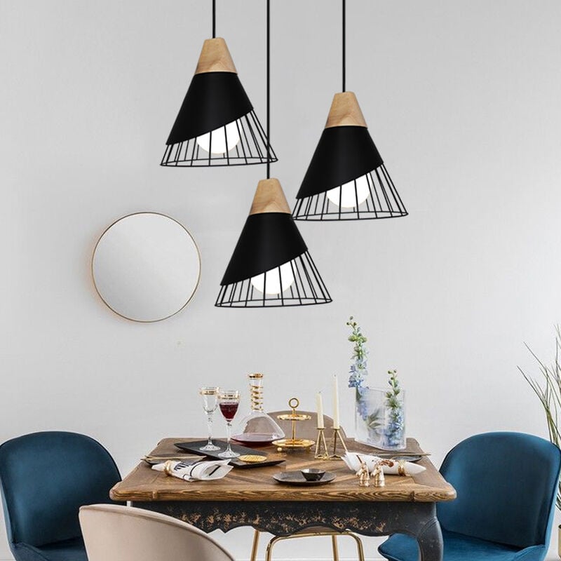 3 Lampes Lustre Suspension Moderne en Forme Badminton Plafonnier en Métal et Bois E27 Luminaire pour Salle à Manger Salon Chambre Noir