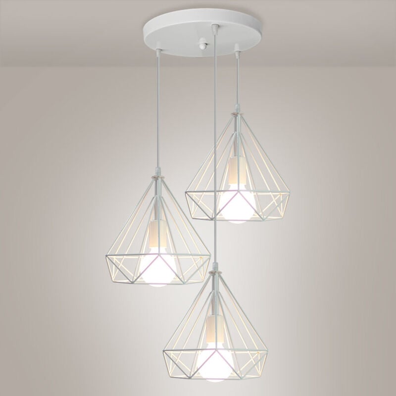 3 Lampes Lustre Suspension Style Industriel Vintage E27 Lampe de Plafond en Cage Diamant 25cm en Métal Luminaire pour Chambre Couloir Sallon Blanc