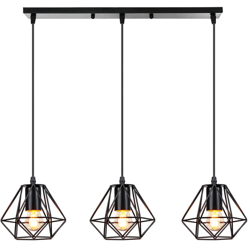 Wottes - Lampes Suspension Vintage Industrielle Lustre Suspension Métal 3 Lampes de Plafond Abat-Jour Noir Ø16CM Base au Plafond Ø50CM