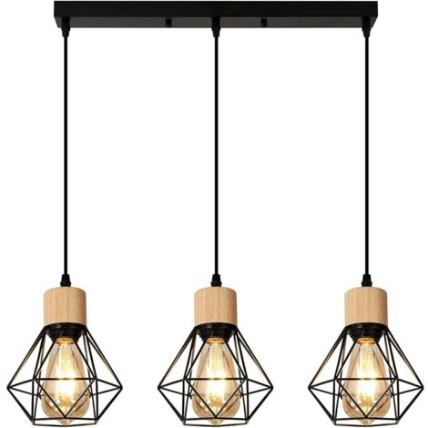 3 Lampes Suspension Luminaire Industrielle, Vintage E27 Luminaire Suspension Lustre Abat-jour en Métal et Bois, Lampe de Plafond E27 pour Salon Cuisine Chambre Salle à Manger, Noir