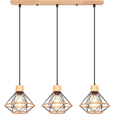 3 Lampes Suspension Métal Bois E27 Design Industriel Rétro Pour Salon Cuisine Chambre